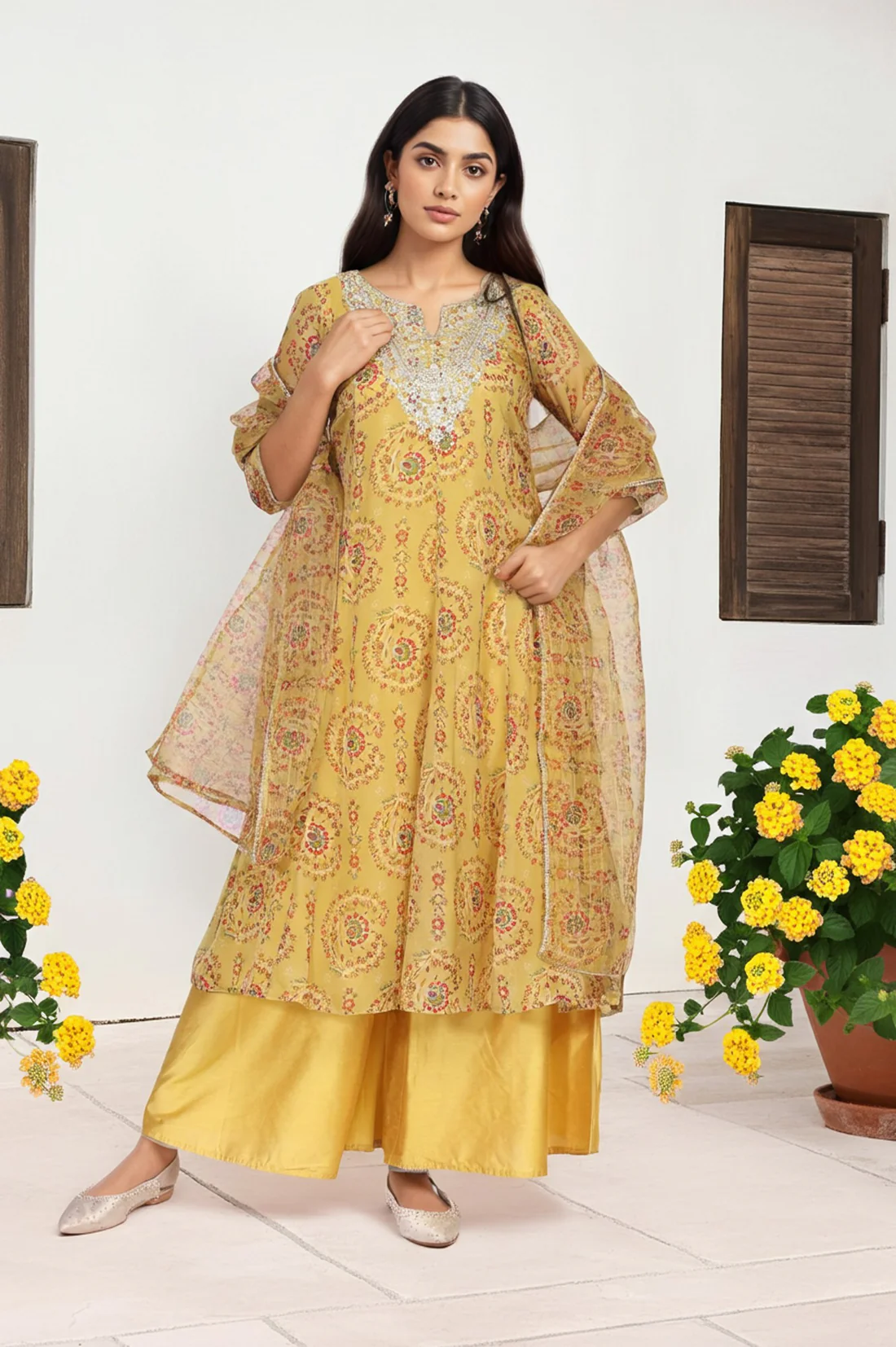 Yellow Embroidered Anarkali Organza Kurta